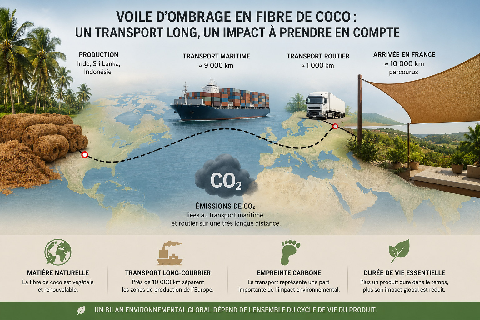 Transport maritime et routier d’une voile d’ombrage en fibre de coco depuis l’Asie jusqu’en France